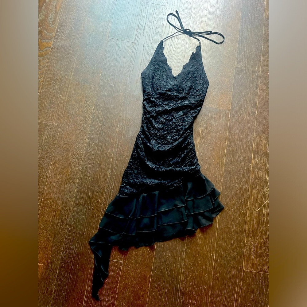 Vintage Black lace halter tie-up asymmetrical evening dress XS - Picture 1 of 15